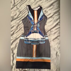 Clover Canyon Black Graphic Car-Print Midi Dress with Blue and Orange Accents